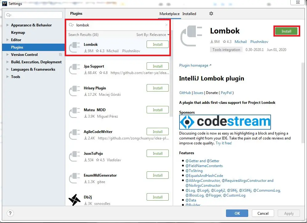 Lombok Plugin Installation