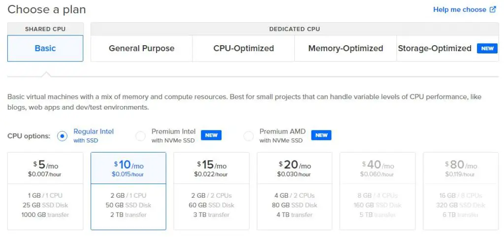 Choose basic plan with 2 GB RAM