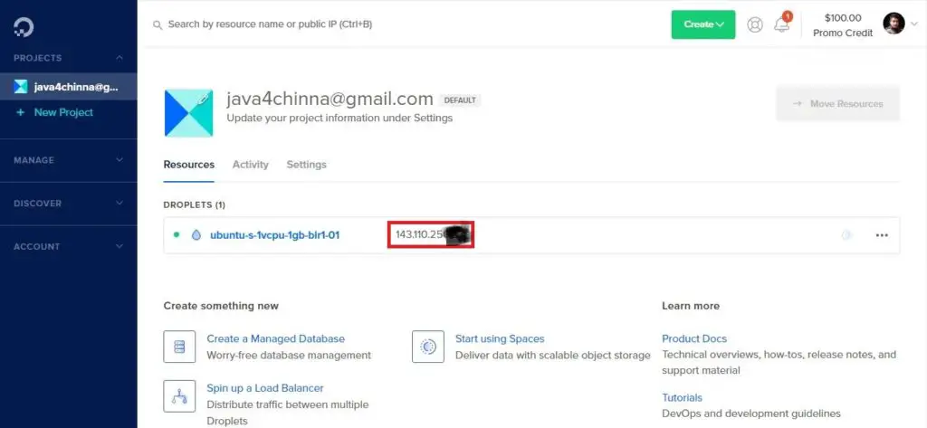 DigitalOcean Droplet Name and IP address