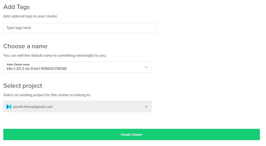 Enter Cluster Name and Create Cluster